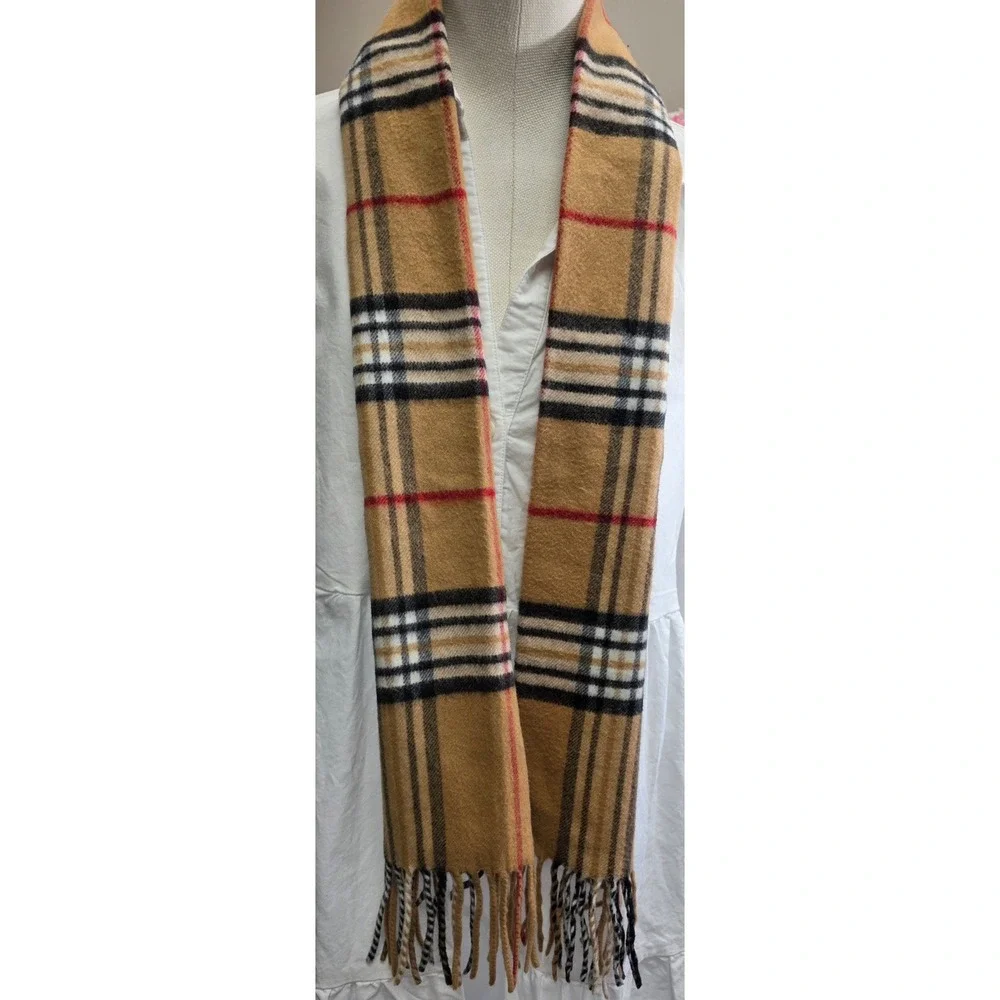 Nordstrom Cashmink Scarf Mens Tan Plaid Check Made in Germany Acrylic Fringe